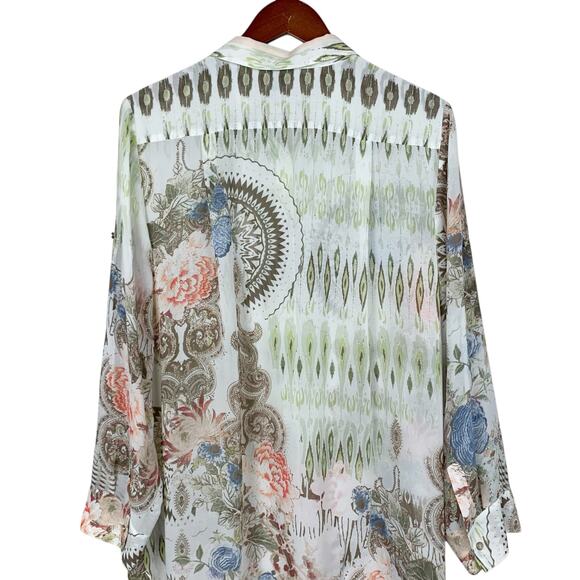 Chicos Tunic Shirt Longer Length Top Semi Sheer White Green Women's 2 L 12 - Picture 7 of 11